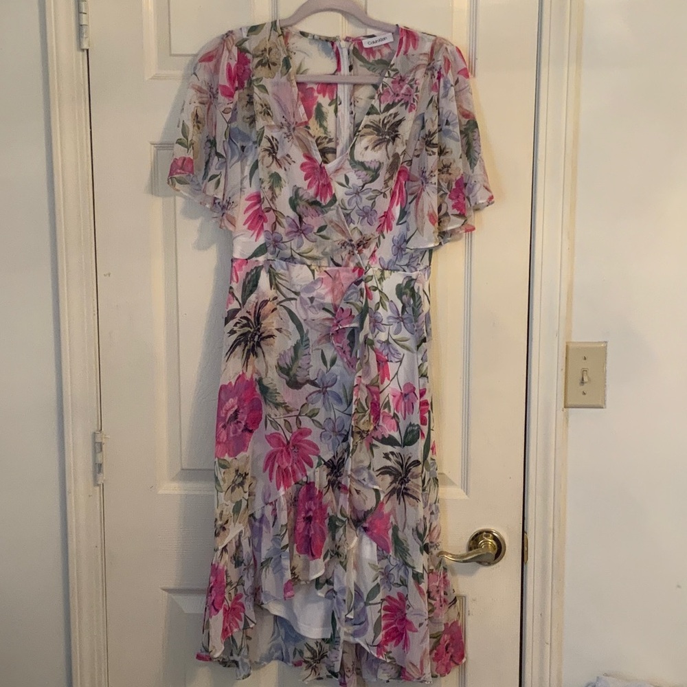 Calvin Klein Floral Pink & Cream Wrap Midi Dress - Women 4